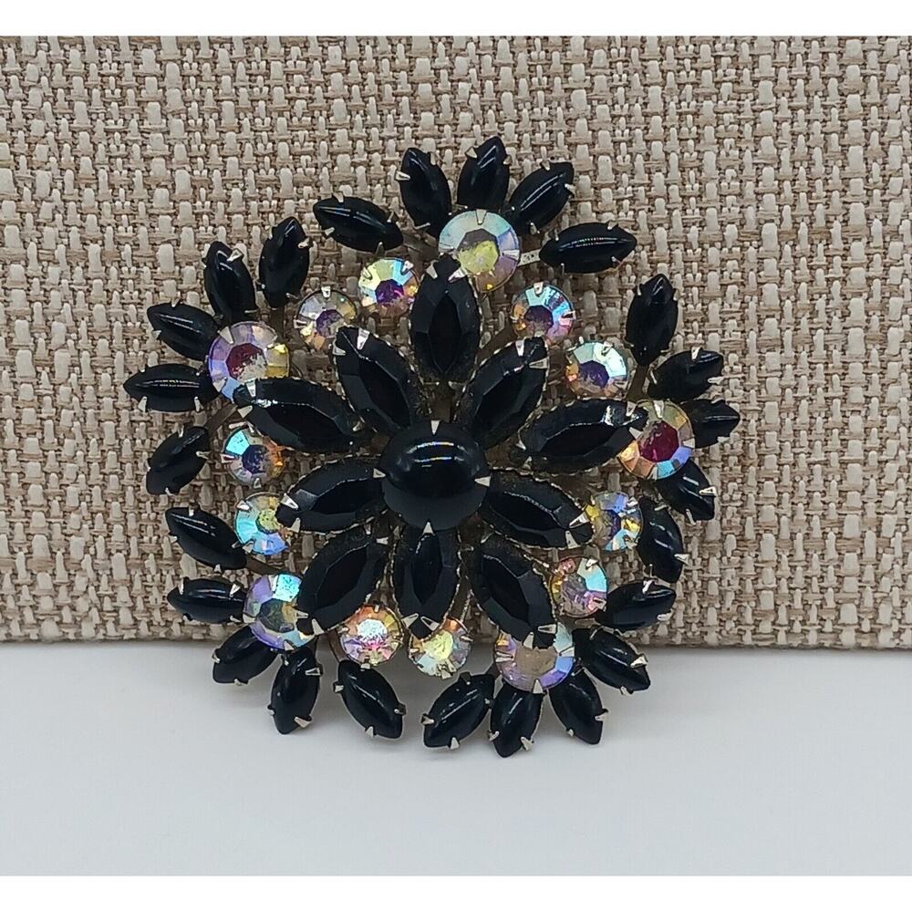 Amazing Bold Black Navette Prong Set Round Aurora Borealis Rhinestone Brooch Vtg - Picture 1 of 11